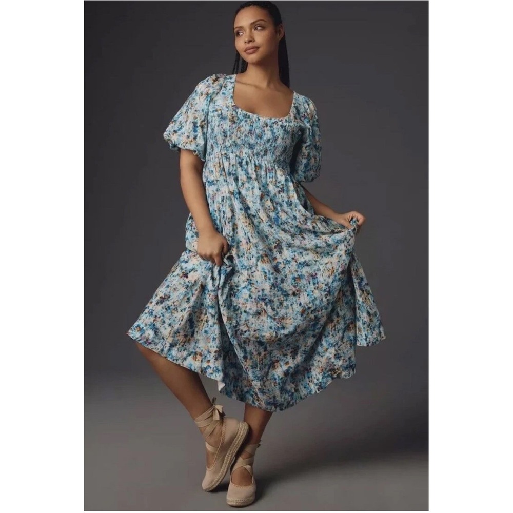 Anthropologie Floral Print Blue Midi Dress Puff‎ Sleeve Smocked Casual Size XS